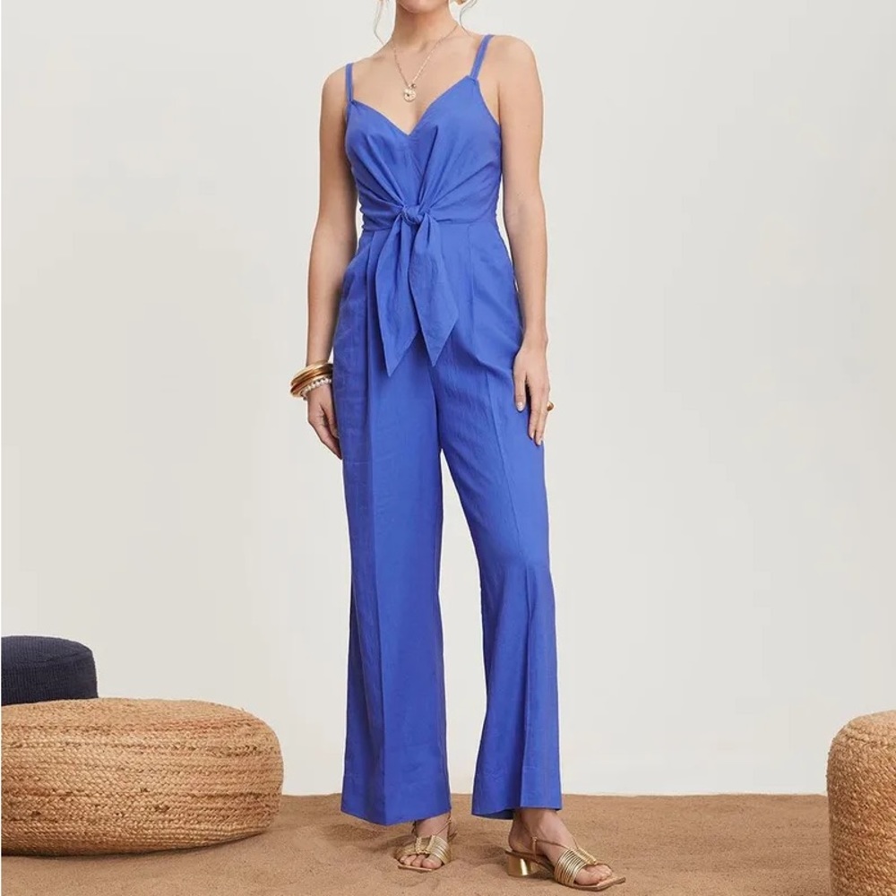 RW&CO Blue Linen-Blend Tie Front Jumpsuit | Size 6